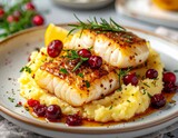 Duszony dorsz z żurawiną i puree ziemniaczanym