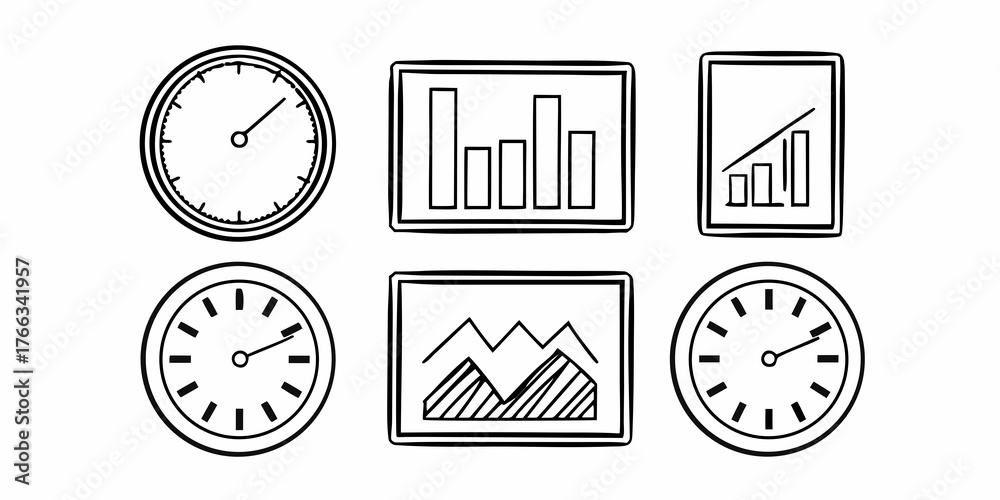 Illustration of two clocks and three graphs indicating time and data ...