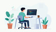 © beerman - A man is sitting at a desk with a computer monitor and a cup of coffee. He is working on a project, possibly related to programming or web design. The room has a potted plant and a vase