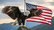 © Rouf - Bald eagle perched on a rock with wings spread against the american flag waving in the background