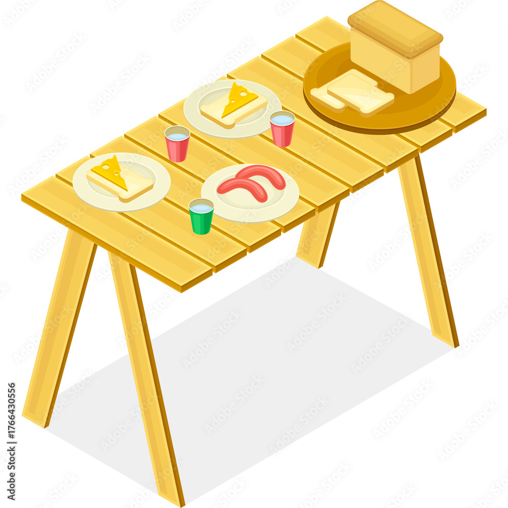 Isometric wooden picnic table with sandwiches sausages and drinks on ...