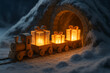 © shiva - Wooden toy train carrying glowing gift boxes emerging from snowy tunnel, festive christmas miniature scene illuminated with warm golden light, holiday winter decoration symbolizing joy travel and chil