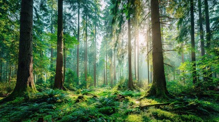  Sunlight Streaming Through Dense Forest Trees with Lush Green Foliage Creating a Serene Atmosphere