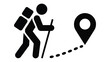 © muhammad - black and white icon of hiker with backpack and walking stick following dotted path toward location marker symbolizing travel and exploration