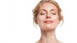 © Newleks - Blonde woman with eyes closed depicting skin lifting and tightening, showing rejuvenation, anti aging, and cosmetic treatment concepts on a white background