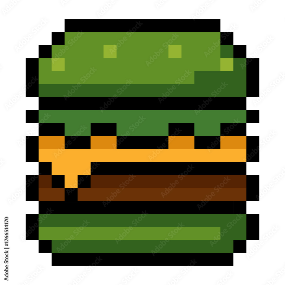 Pixel hamburger with green bun and cheese in 8 bit retro style. Perfect ...