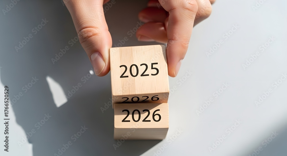 Hand flipping wooden blocks from 2025 to 2026, representing the passage ...