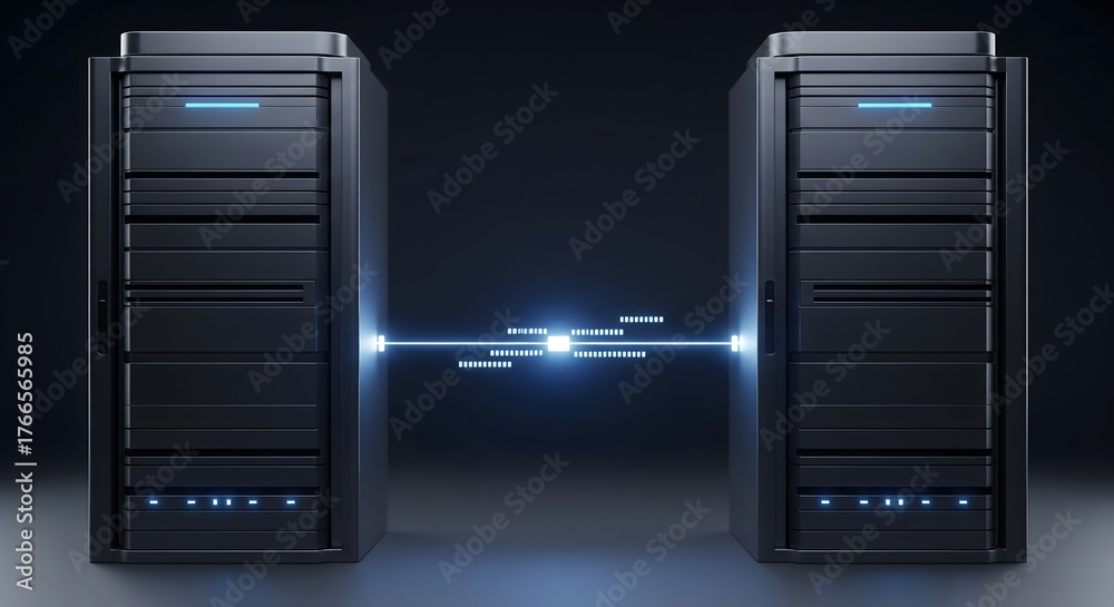 Data Transfer Service Rack Data transfer connection between two black server racks in a dark data ...