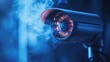 © dhita - A high-tech security camera emits a blue glow amidst swirling smoke, symbolizing surveillance and modern technology.