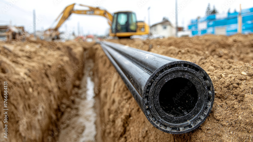 Pipeline installation at a construction site trench with machinery ...