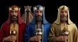 © NEUVANJOSE - Christmas: three wise men with crowns and gifts standing with a camel in the background on a black background