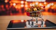 © JARA - Online christmas shopping concept with miniature cart and gift boxes on a tablet