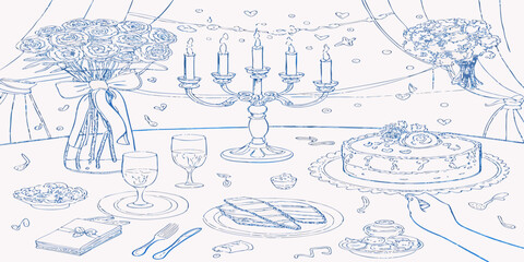  Romantic celebration table setting with cake champagne flowers and candles in a sketch style