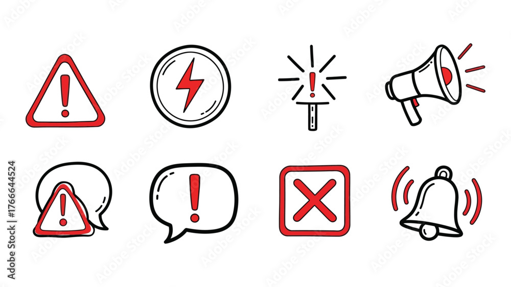 Collection of hand-drawn warning and alert icons for general safety and ...