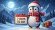 © Hafsah Designer - Cheerful penguin wearing Santa hat counts down the days until Christmas with gifts in a snowy winter wonderland scene
