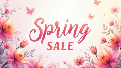  Elegant pink spring sale text surrounded by blooming flowers butterflies and delicate leaves on soft pastel background,  concept of spring sales, floral retail, easter marketing