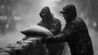 © Thares2020 - Two people in raincoats work together stacking sandbags in heavy pouring rain for flood defense