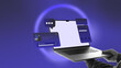 © master1305 - Modern composition. Laptop with floating chat bubbles and upload icons showing cloud transfer process. Concept of cloud computing, data synchronization, and remote digital collaboration.