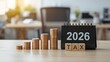 © Asawin - stacks of coins arranged in ascending order alongside a calendar indicating the year 2026, with the word tax spelled out below
