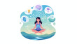 © Mitch - Vivid vector illustration depicting the concept of meditation and mindfulness, showing a woman in lotus pose levitating above a serene landscape, with icons representing brain, heart, lungs, growth