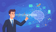© Harden - Dynamic illustration of a businessman interacting with a stylized AI brain, symbolizing artificial intelligence, data processing, and technological advancement, set against a futuristic blue