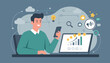 © Harden - Positive customer feedback and online reputation management concept, a smiling businessman analyzes data on a laptop and smartphone, with icons representing stars, charts, likes, search, and