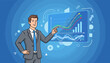 © Jade - Dynamic businessman in a suit confidently pointing at a vibrant financial graph displaying upward trending sales data, growth charts, and market analysis on a digital screen, symbolizing business