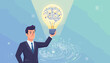 © Jade - A determined businessman in a dark suit holds a glowing lightbulb filled with a stylized brain and smaller lightbulbs, symbolizing innovation, creativity, and a brilliant new idea, set against a