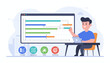 © Tyler - Modern flat illustration of a smiling project manager analyzing a Gantt chart schedule on a laptop, with icons representing finance, operations, sales, and marketing, symbolizing business planning