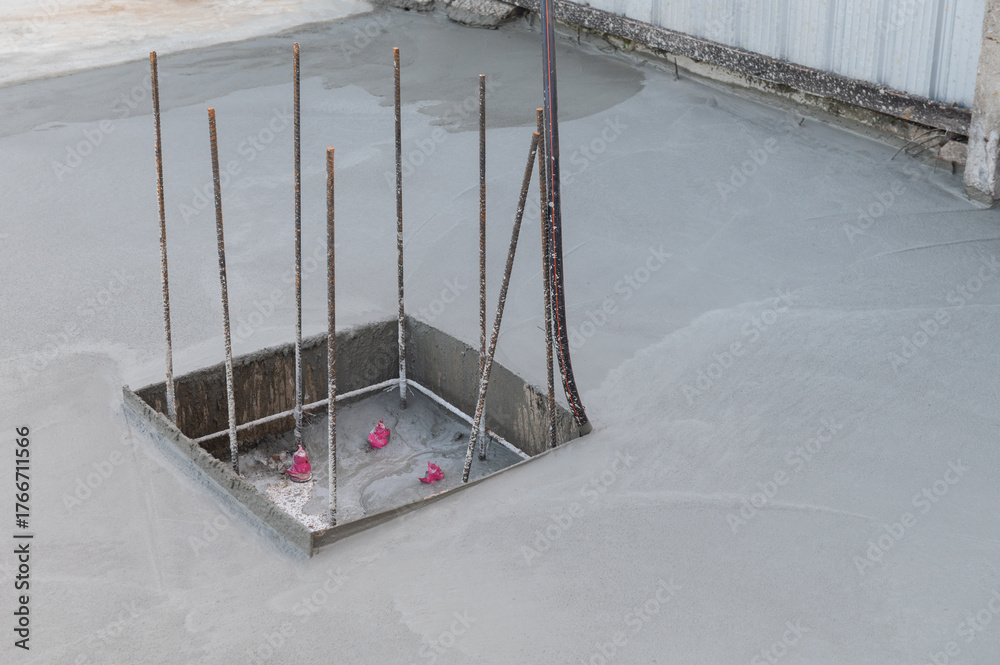 Building Process Rebra Rebar steel rods frame and pouring concrete floor for reinforced in ...