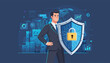 © Jean - A confident businessman in a suit stands proudly holding a large, digital shield with a golden padlock, symbolizing cyber security and data protection, against a backdrop of futuristic technology