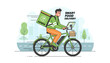 © Alden - Dynamic illustration of a smiling male bicycle courier with a large green insulated bag labeled 'EXPRESS' on his back, riding an electric bike through a city street, navigating with a tablet