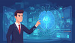 © Fidel - A businessman in a suit interacts with a glowing blue AI brain interface, surrounded by futuristic technology, data visualizations, and digital screens displaying global maps and charts, representing