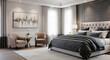 © ULFATRAZA - An ultra-realistic, serene view of a lavish master bedroom suite. A king-sized bed with rich, textured linens is central. A private sitting area with designer armchairs and a subtle, high-end art piec