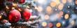© TommyNa - Close-up of red Christmas ornaments and glowing string lights on a snow-covered pine tree, perfect for festive greeting cards, holiday banners, and winter celebration backgrounds