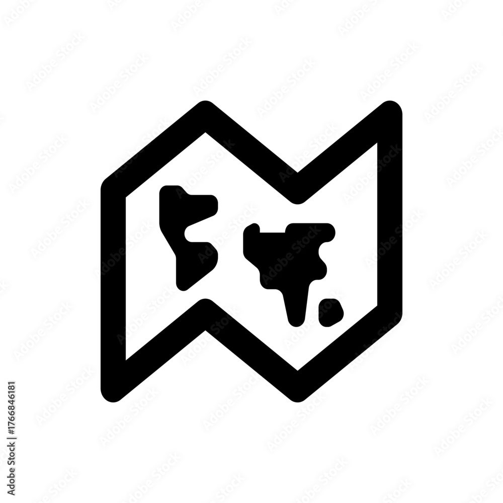 Illustration of a world map icon displayed in black and white with a ...