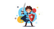 © Antorik - A happy cartoon boy dressed as a brave knight or warrior stands ready for adventure, holding a sword and shield with a confident smile.