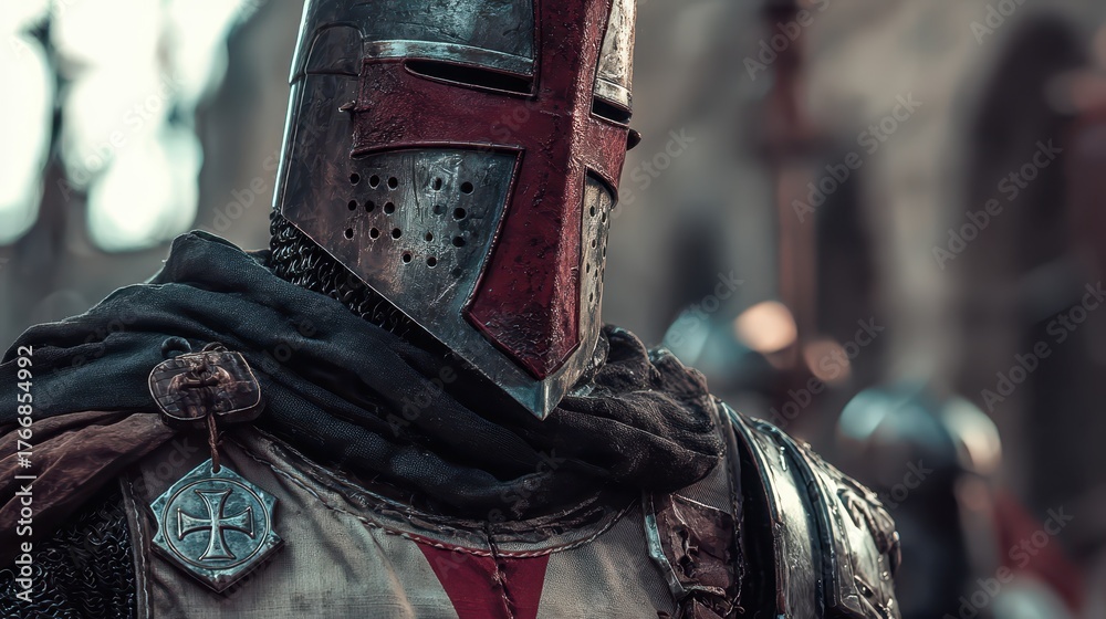 Knight in armor stands ready in a historic setting during a reenactment ...