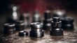 © Bussakon - Collection of industrial metal mechanical parts valves and connectors arranged on a dark textured gritty surface with shallow depth of field