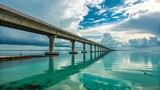 Panoramic view of the seven mile bridge in the florida keys, a famous landmark, with turquoise water and a partly cloudy sky on a sunny day