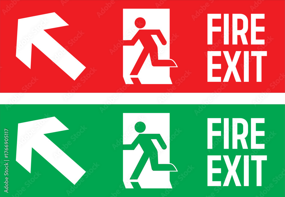 Emergency Direction Types fire exit direction sign set with emergency escape symbols in red and ...