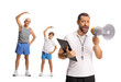 © Ljupco Smokovski - Children exercising and a sports coach using a megaphone