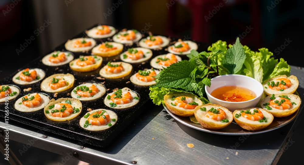 Banh Khot Vietnamese Mini Pancakes with Shrimp and Fresh Herbs on a ...