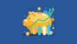 © Phia - Vibrant golden piggy bank illustration symbolizing financial growth and savings, with upward trending arrows, coins, and a green graph against a solid blue background, representing investment success