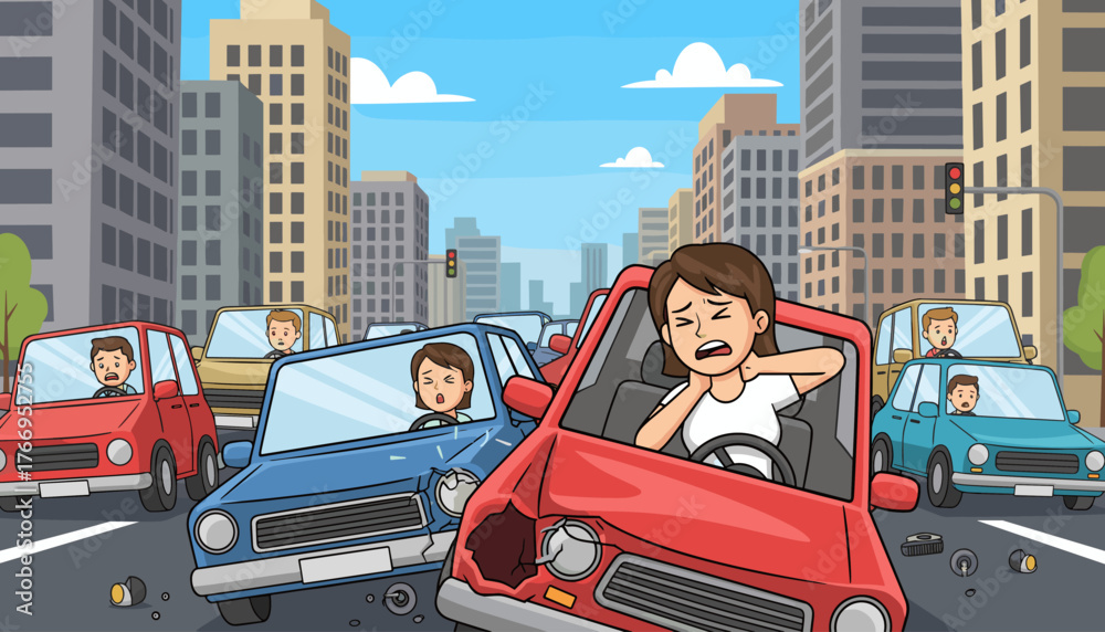 Stock-Vektorgrafik „Cartoon illustration of a car accident in a busy ...