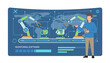 © Jaycel - Manager or engineer checking and controlling automated robotic arms on a production line with a world map background, representing global industry and monitoring software for advanced manufacturing