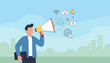 © Anna - Flat style vector illustration of a businessman holding a megaphone, announcing important business news and promotions, with digital icons like wifi, cloud upload, bell, exclamation mark, and globe