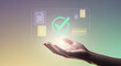 © Stock Steps - Human hand holding digital document management system interface with large verified check mark icon and five star rating against abstract colorful background