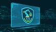 © Edward - Futuristic holographic display showcasing a vibrant blue and yellow shield icon with a robotic arm and gear, symbolizing automation management and advanced technology, set against a dark, circuit