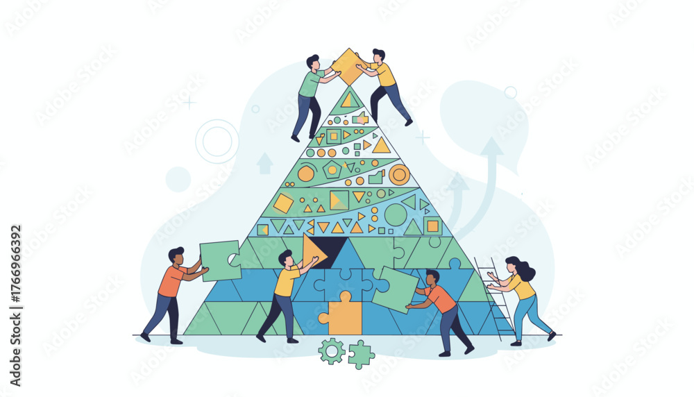 Diverse team of people collaboratively building a complex pyramid ...